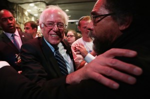 DES MOINES, IA - NOVEMBER 14:  Philosopher Cornel West (R) embraces Democratic presidential candidate Sen. Bernie Sanders (I-VT) at a watch party for the second Democratic presidential debate November 14, 2015 in Des Moines, Iowa. Sanders joined Hillary Clinton and Martin O'Malley in the party's second presidential debate.  (Photo by Alex Wong/Getty Images)