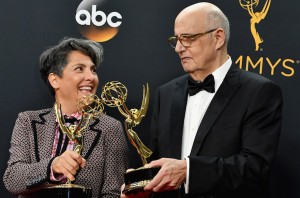 LOS ANGELES, CA - SEPTEMBER 18:  Writer/producer Jill Soloway (L), winner of the Oustanding Directing for a Comedy Series award for the 'Transparent' episode 'Man on the Land,' and actor Jeffrey Tambor, winner of the Outstanding Lead Actor in a Comedy Series for 'Transparent,' pose in the press room during the 68th Annual Primetime Emmy Awards at Microsoft Theater on September 18, 2016 in Los Angeles, California.  (Photo by Steve Granitz/WireImage)