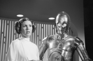 LOS ANGELES - AUGUST 23: THE STAR WARS HOLIDAY SPECIAL. Carrie Fisher (as Princes Leia) and Anthony Daniels (as C3PO) .  Image dated August 23, 1978. (Photo by CBS via Getty Images)