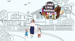 An Orthodox Jewish woman walks with her children. (Image design by Grace Yagel)